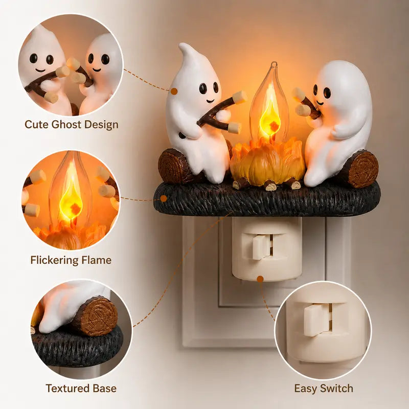 Cute Ghost Campfire Night Light with Flickering Flame