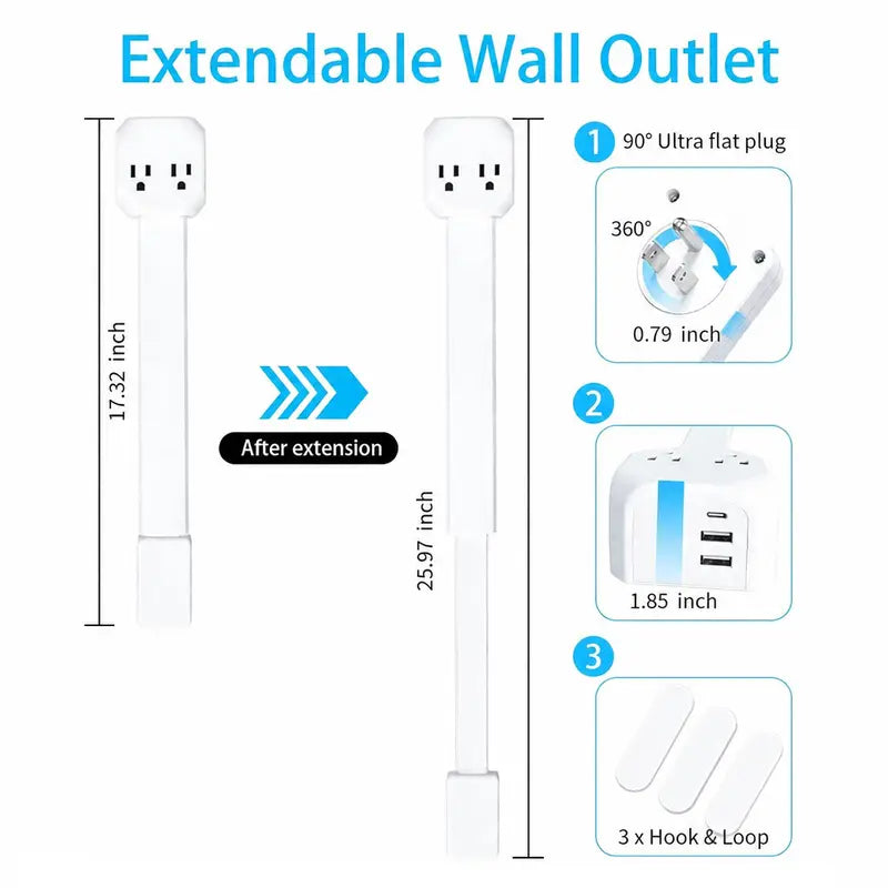 360° Rotating Telescopic Power Outlet Extender with USB Ports