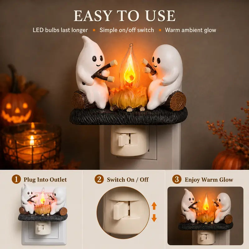 Cute Ghost Campfire Night Light with Flickering Flame