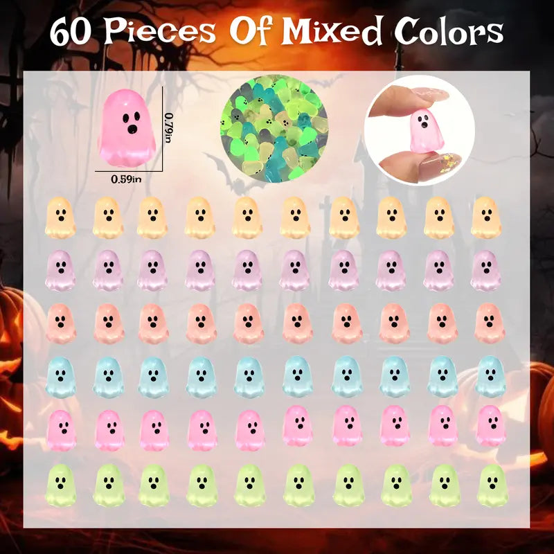 60Pcs Glow-in-the-Dark Resin Mini Ghost Figures Set